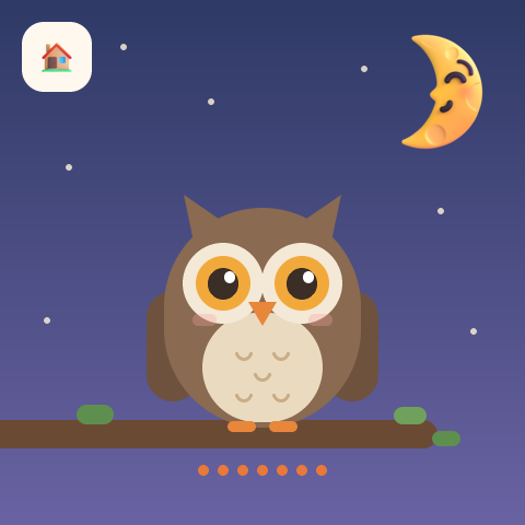 The owl on its branch under the moon